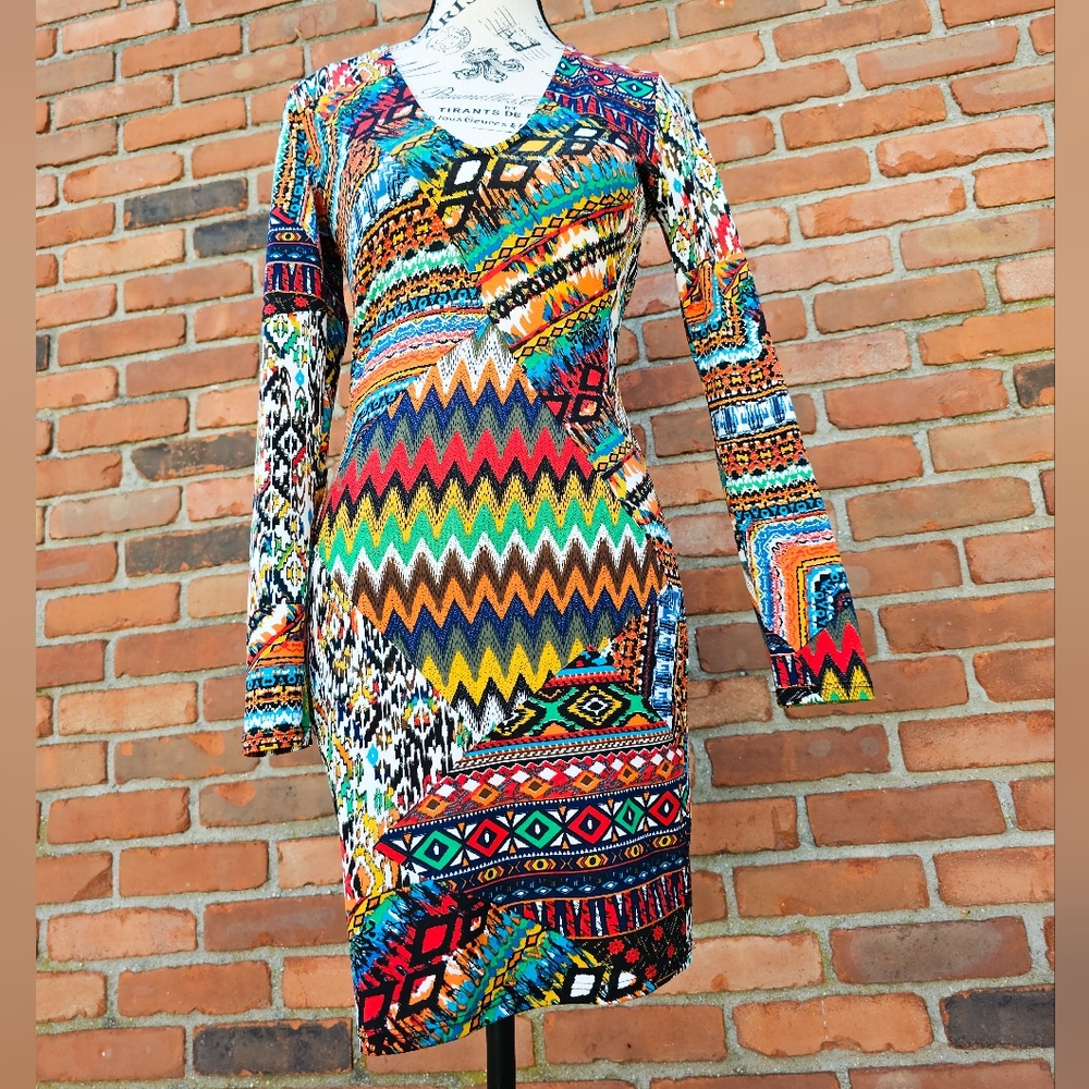 Jasmine Multicolored Geometric Print Long Sleeve Bodycon Mini Dress – Size Small
